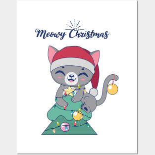 Festive kitty on a Christmas tree Posters and Art